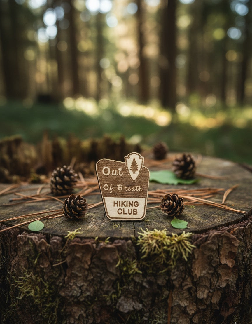 Out of Breath Hiking Club Wooden Lapel Pin – Funny Laser Engraved Badge for Hikers, Campers & Outdoor Lovers