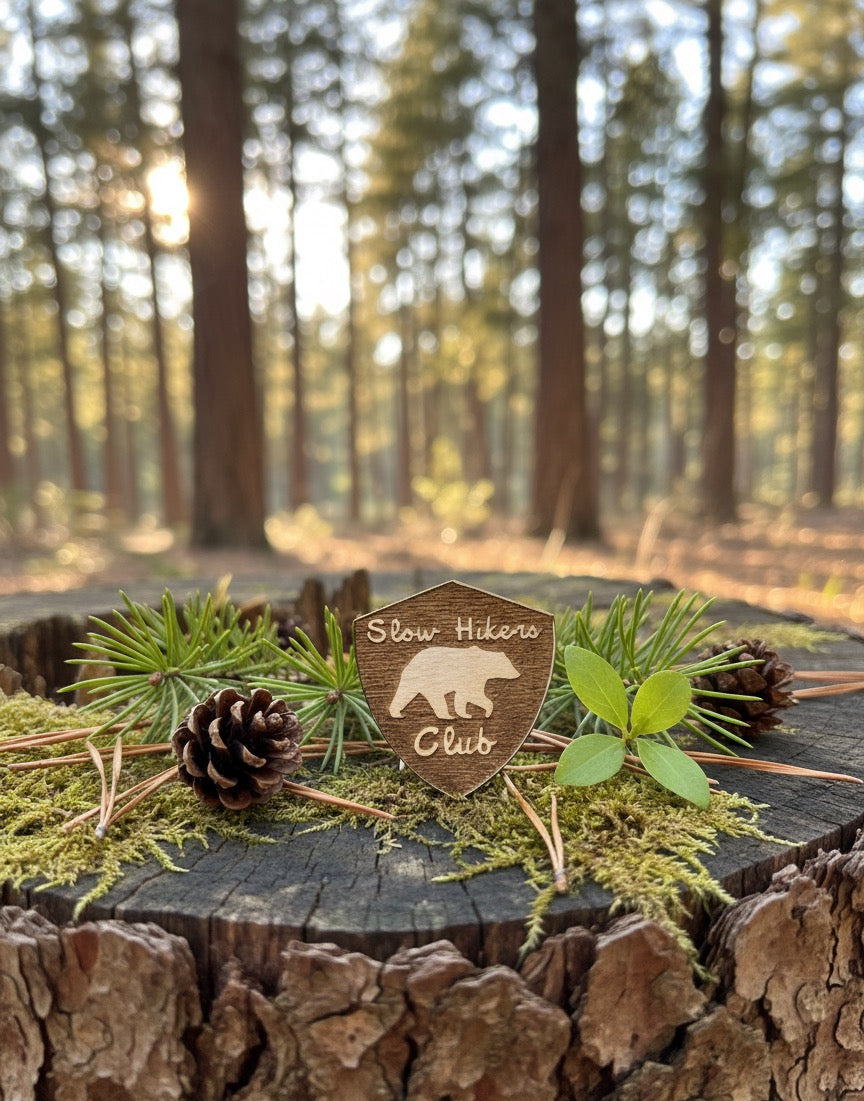 Slow Hikers Club Wooden Lapel Pin – Laser Engraved Hiking Badge for Nature Lovers & Outdoor Enthusiasts