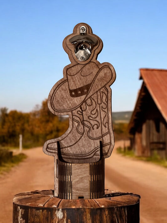 Cowgirl boots and hat magnetic bottle cap opener catcher