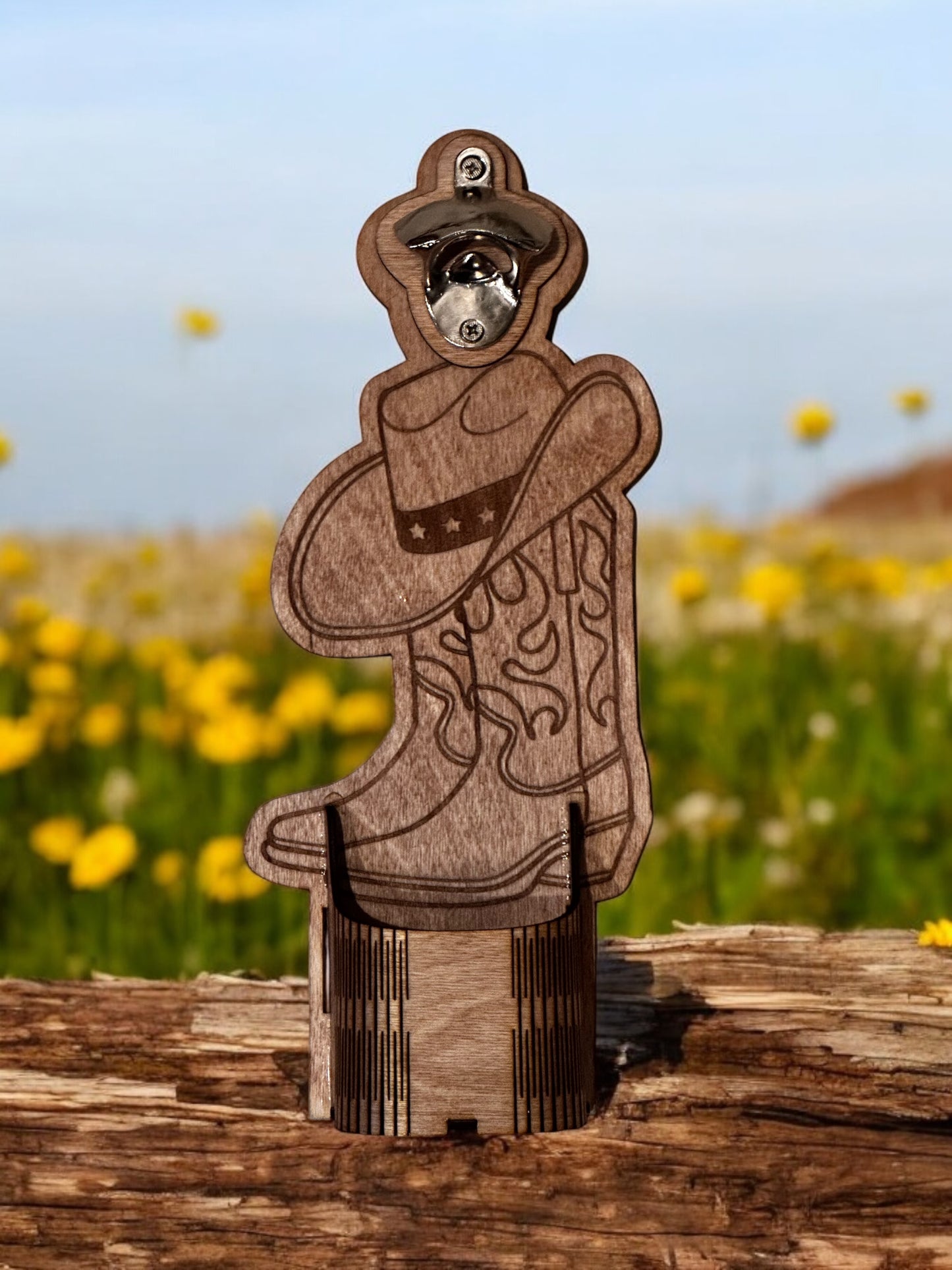 Cowgirl boots and hat magnetic bottle cap opener catcher