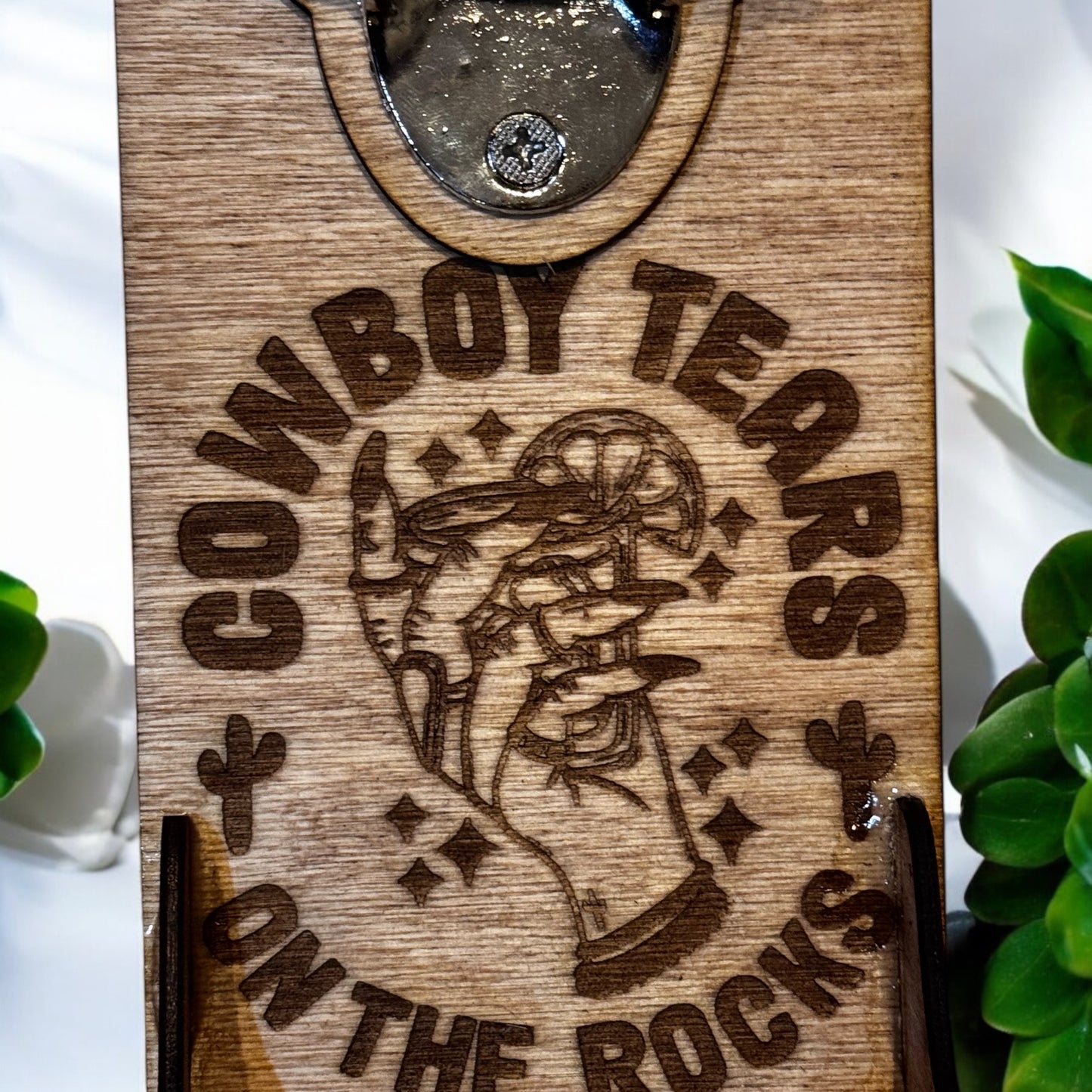 Wood Cowboy Tears magnetic bottle cap opener catcher