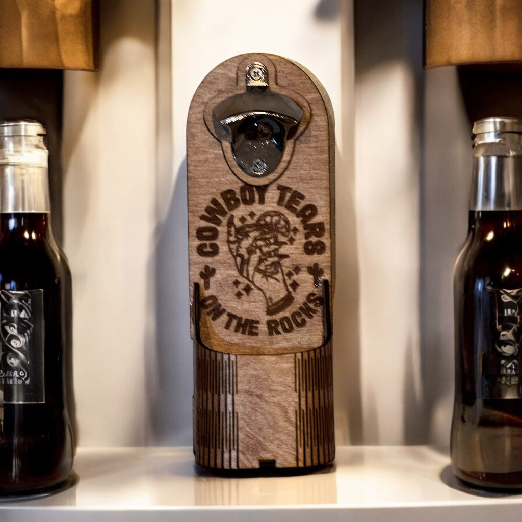 Wood Cowboy Tears magnetic bottle cap opener catcher