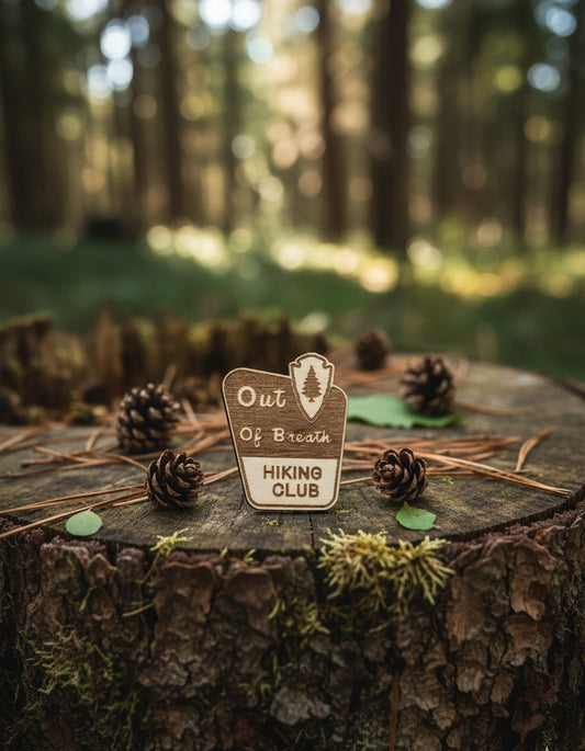 Out of Breath Hiking Club Wooden Lapel Pin – Funny Laser Engraved Badge for Hikers, Campers & Outdoor Lovers