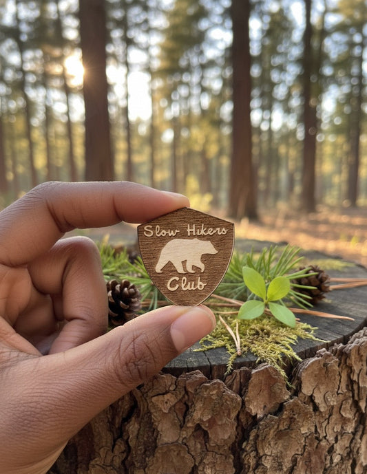 Slow Hikers Club Wooden Lapel Pin – Laser Engraved Hiking Badge for Nature Lovers & Outdoor Enthusiasts