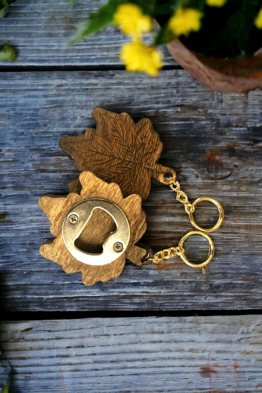 Wood Maple leaf keychain bottle opener - CosmicMedium