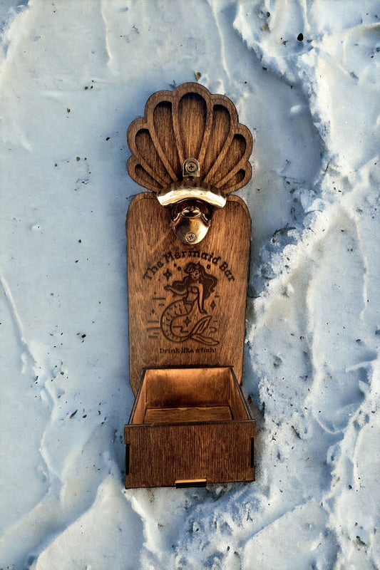 Wood Mermaid magnetic bottle cap opener catcher - CosmicMedium