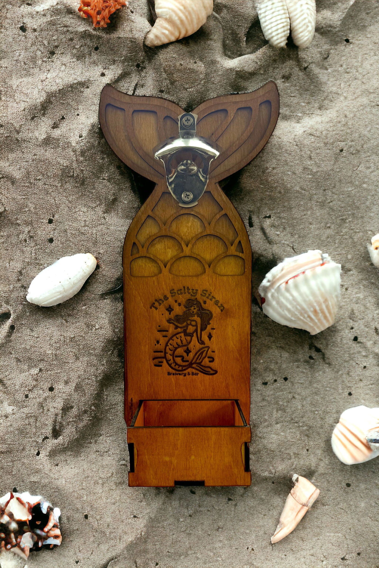 Wood Mermaid magnetic bottle cap opener catcher - CosmicMedium