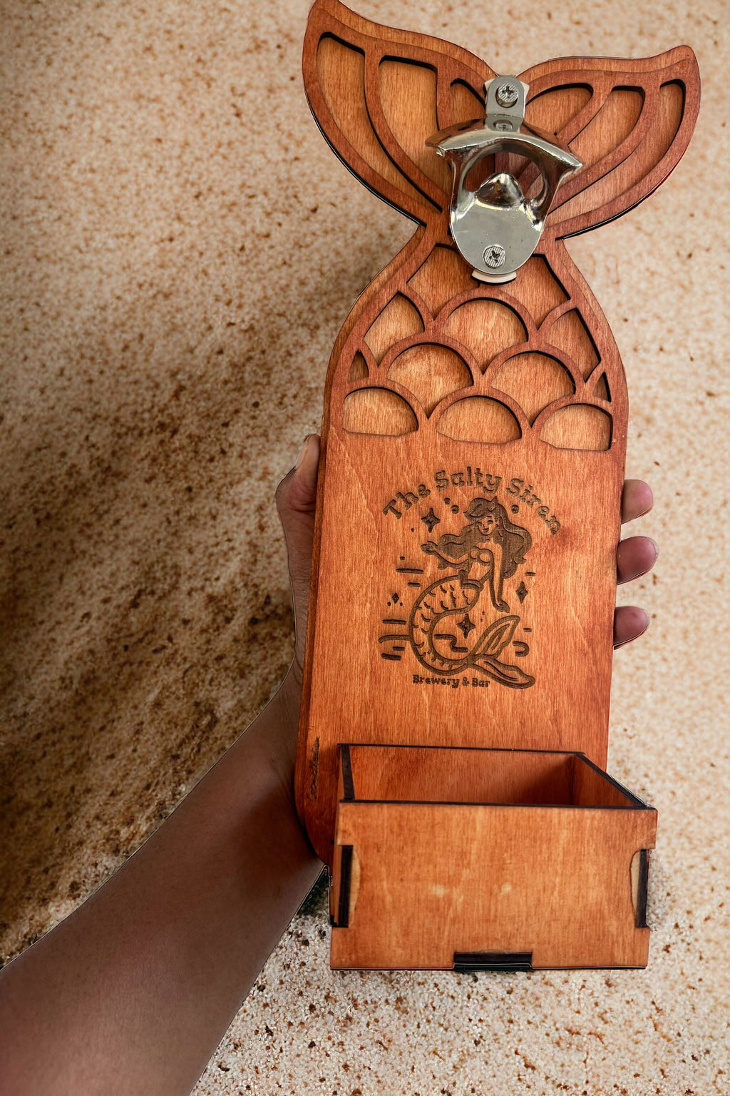 Wood Mermaid magnetic bottle cap opener catcher - CosmicMedium